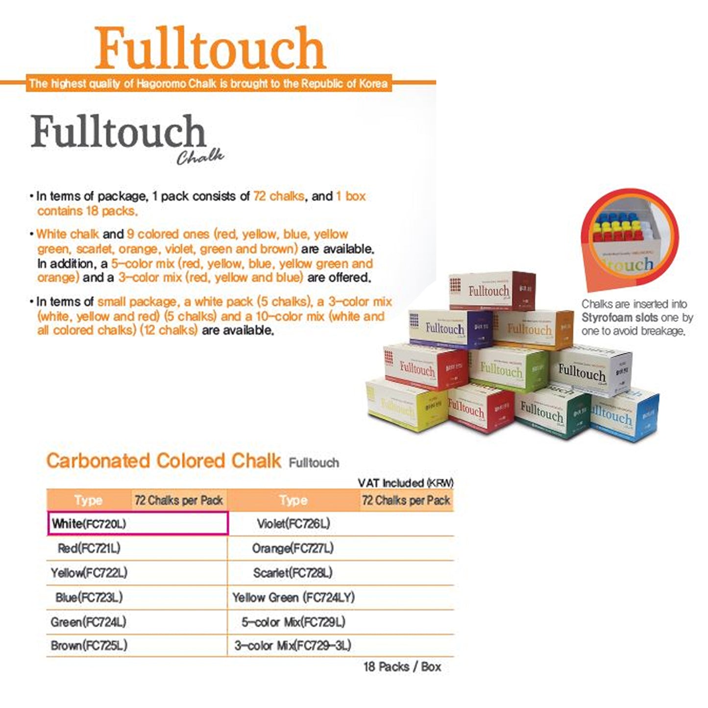 Hagoromo Fulltouch Mix Chalk 72pieces (5 color mix chalk) Red, Yellow, Blue, Orange, Yellow Green