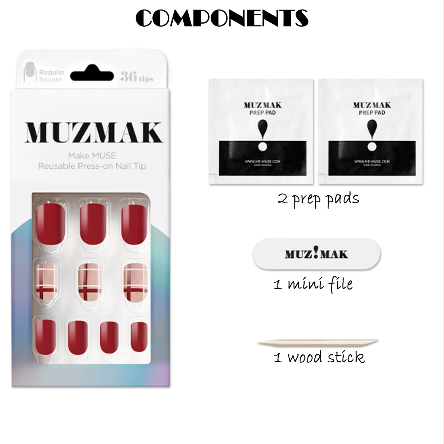 Muzmak ((Regular Square) N About Red Nail) 36pcs Nail Art Pattern Sticker Set Semicure Nail