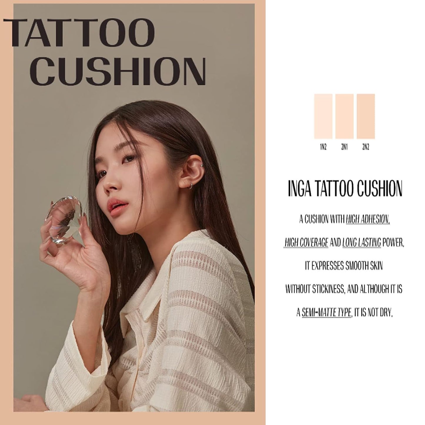 INGA Light Fitting Tattoo Cushion , Airy-Light , Skin Fit , Long Lasting Korean Cosmetic (Light Vanilla)