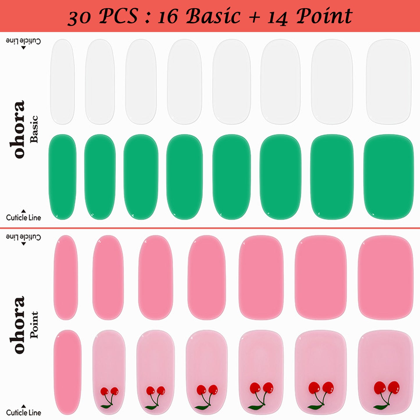 Ohora (N Cherrys  Nail) 30pcs 16 Basic 14 Point Nail Art Pattern Sticker Set Semicure Nail
