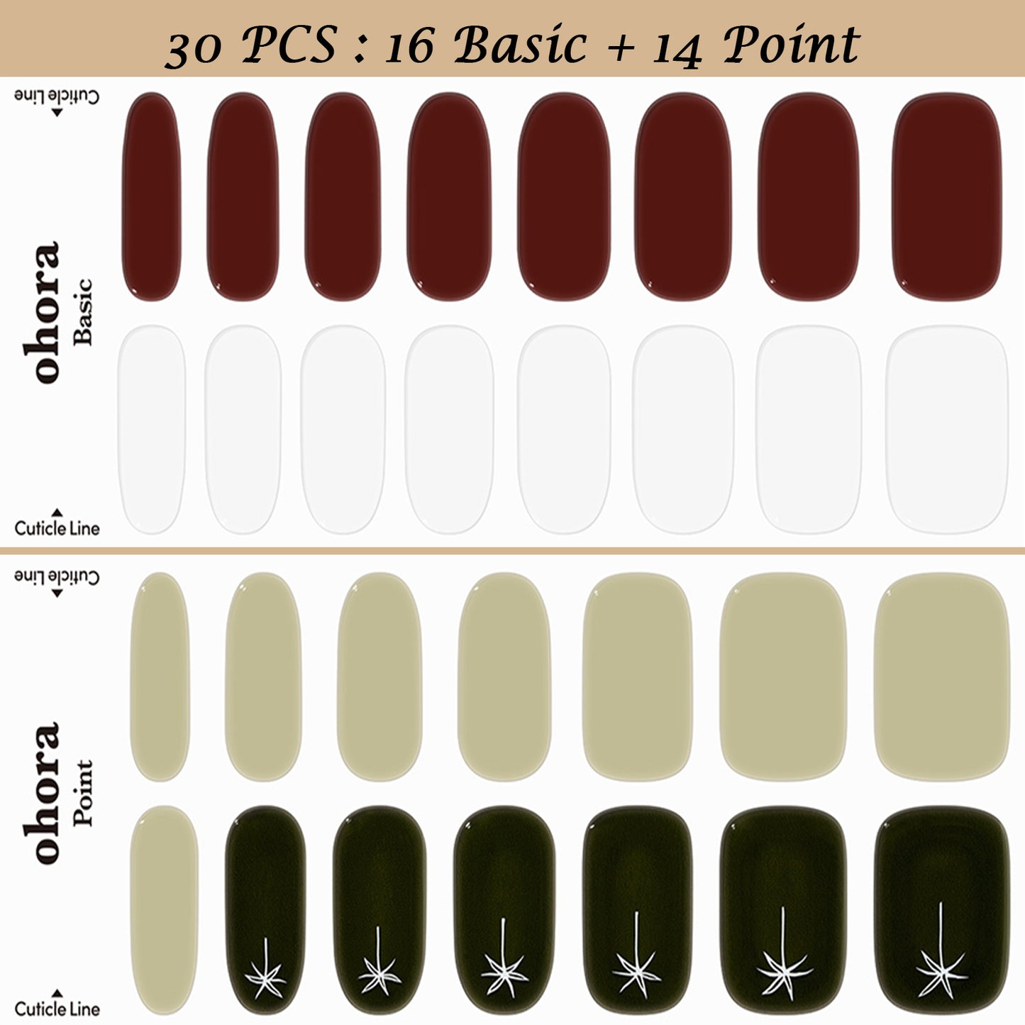 Ohora (N  Olive Palm Nail) 30pcs 16 Basic 14 Point Nail Art Pattern Sticker Set Semicure Nail