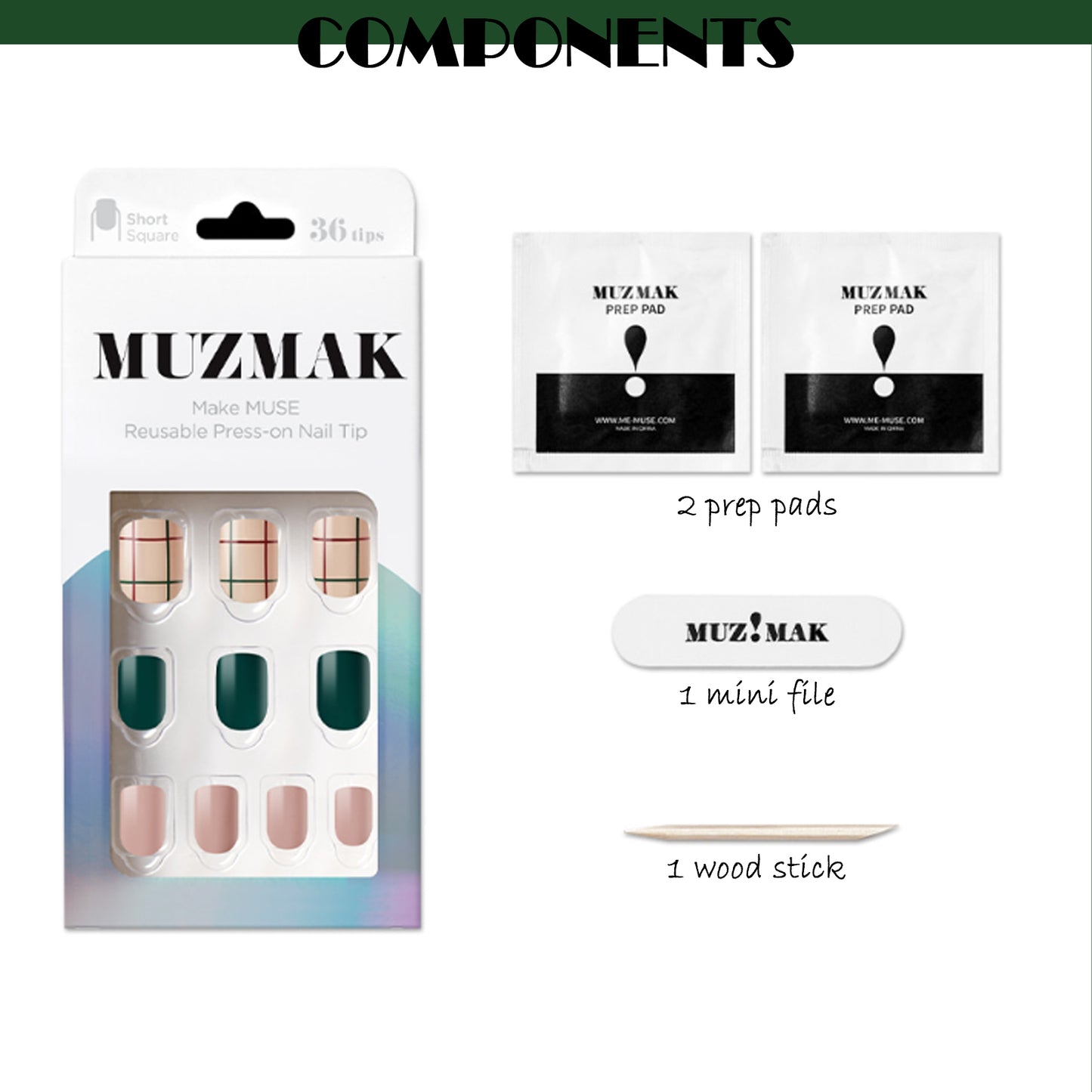 Muzmak (N Delight Green (Short Square)Nail) 36pcs Nail Art Pattern Sticker Set Semicure Nail