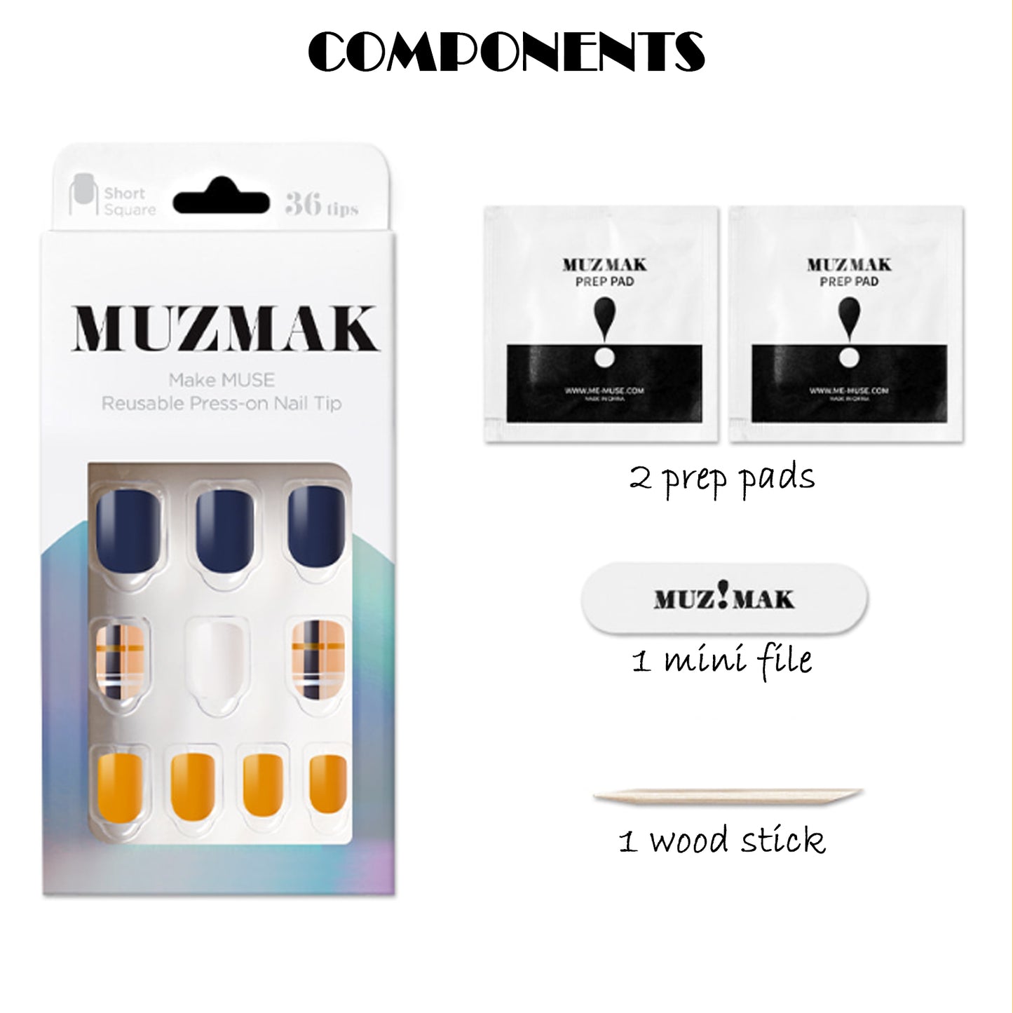 Muzmak (N Delight Check (Short Square) Nail) 36pcs Nail Art Pattern Sticker Set Semicure Nail