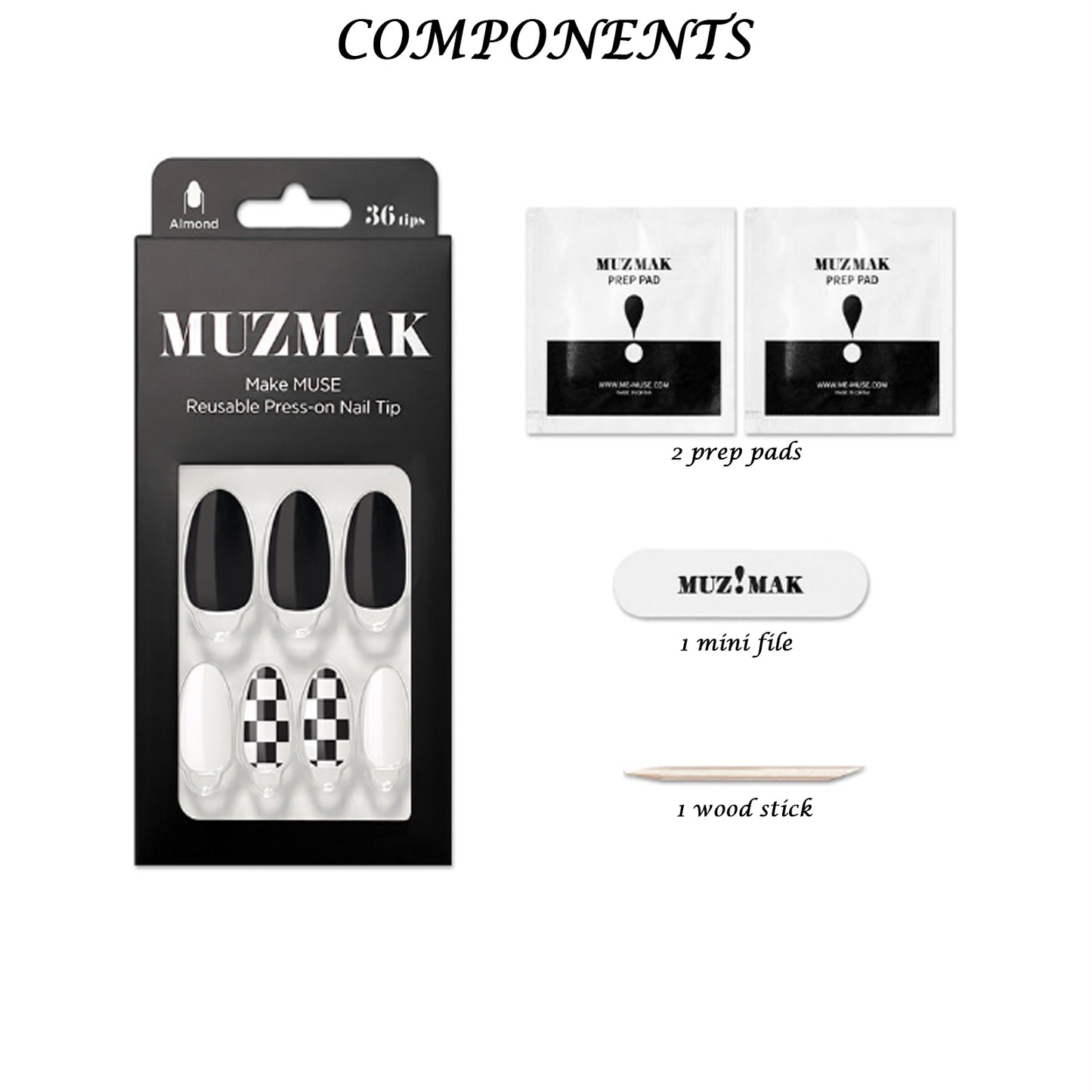 Muzmak (N Chess Black (Almond) Nail) 36pcs Nail Art Pattern Sticker Set Semicure Nail